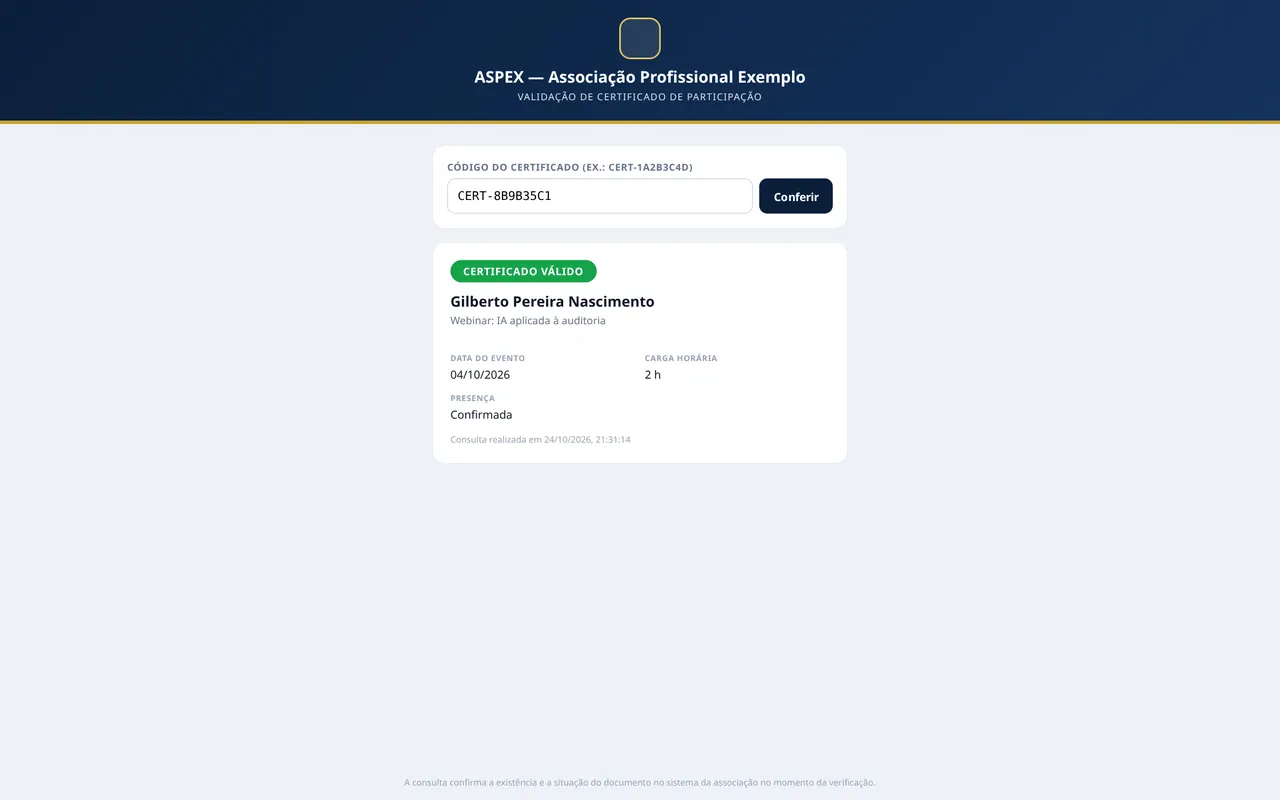 Página pública de validação de certificado mostrando certificado válido, evento, data, carga horária e presença confirmada.