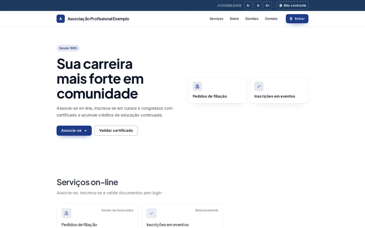 Portal público da associação com filiação on-line, inscrições em eventos e validação de certificado.