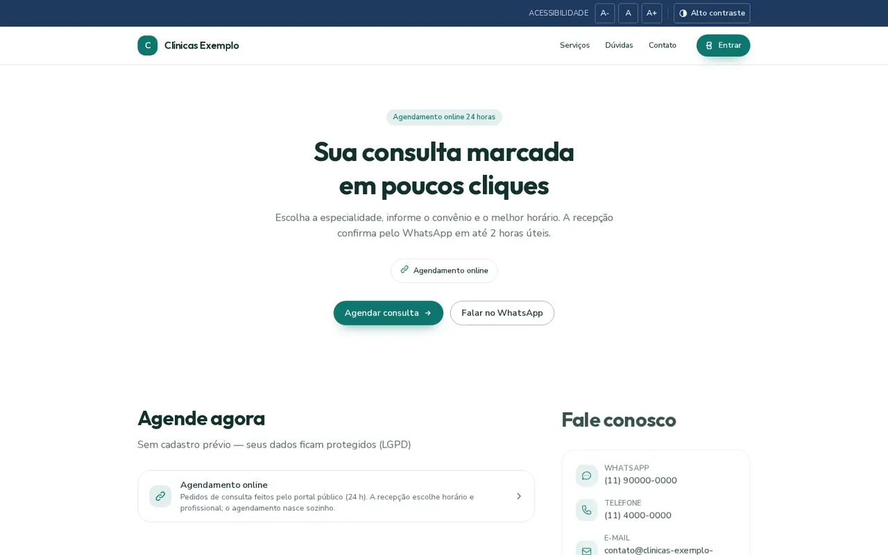 Portal público da clínica com chamada para agendamento on-line, botão de WhatsApp e contatos.