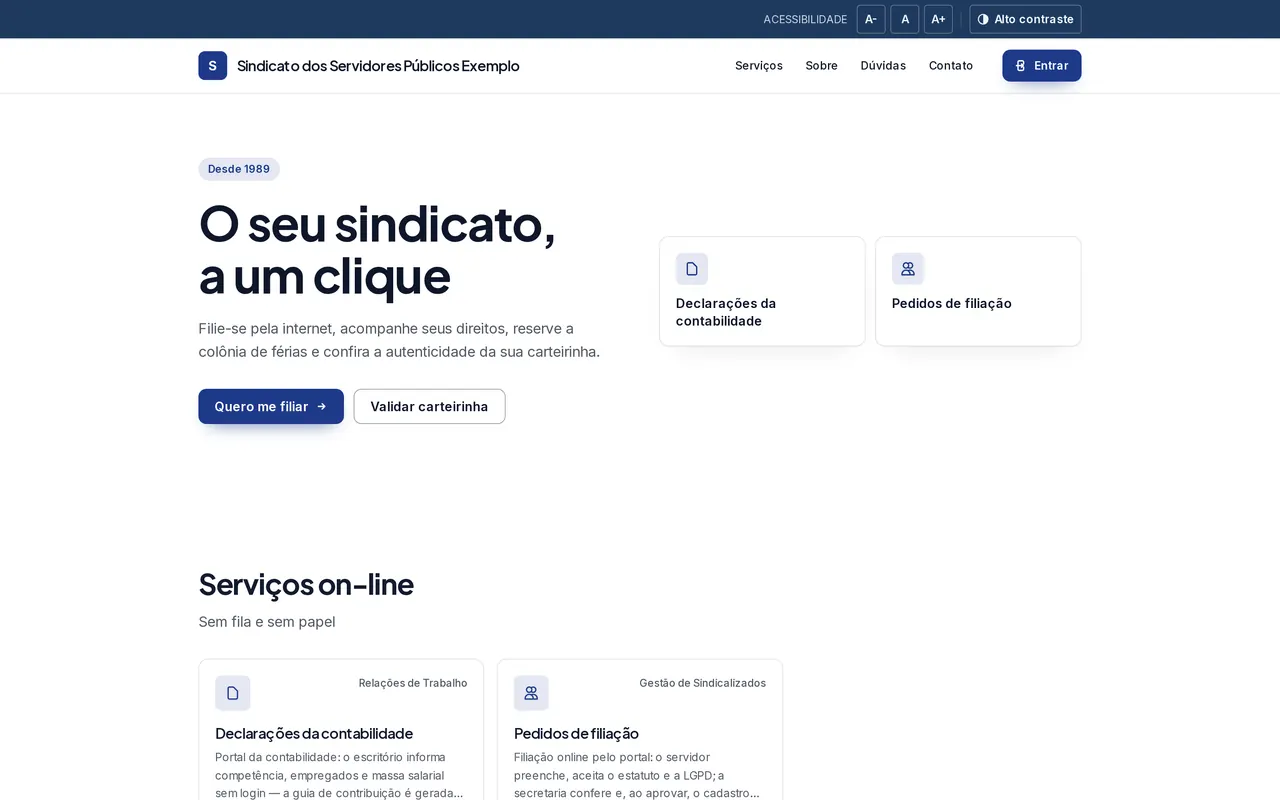Portal público do sindicato com filiação on-line, declaração da contabilidade e validação da carteirinha.