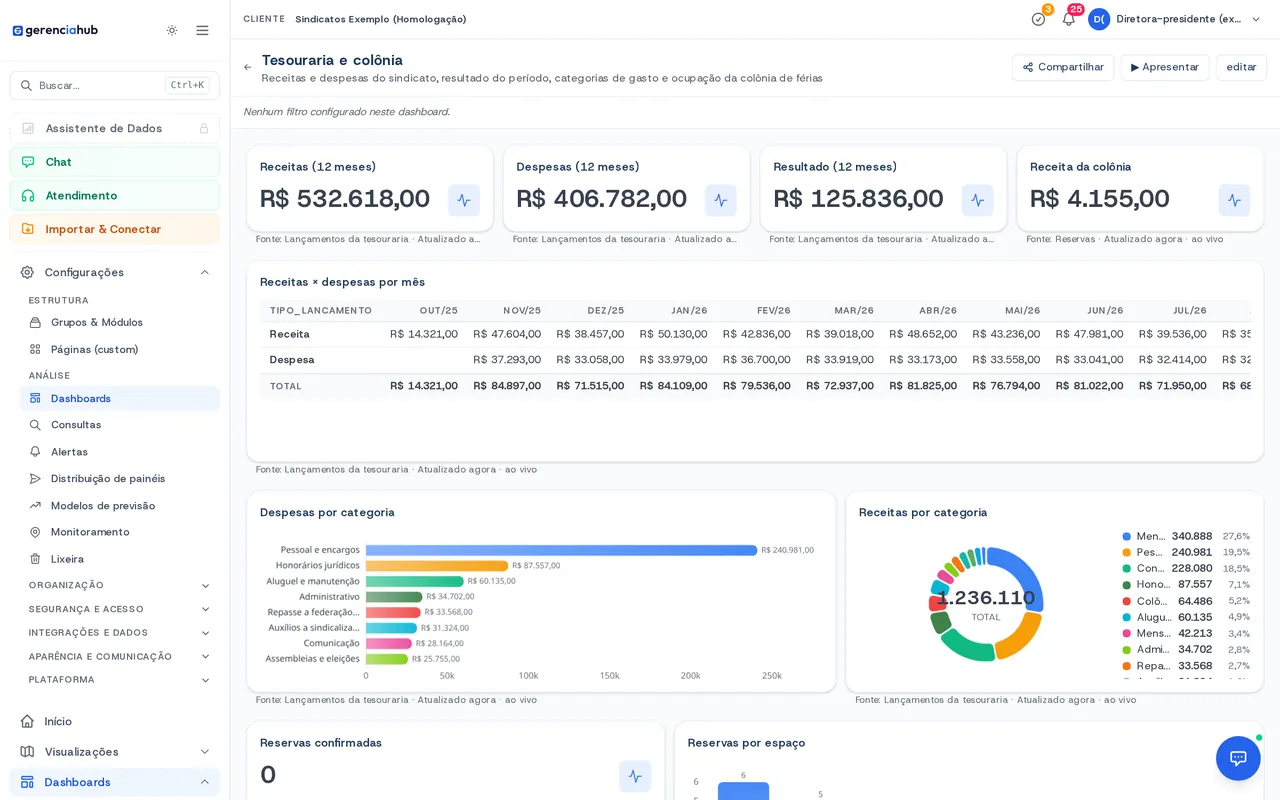 Painel com receitas, despesas e resultado de 12 meses, tabela mensal e gastos por categoria.